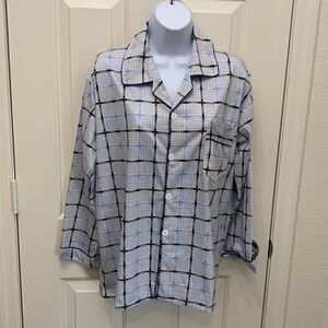 Ya Oi Medium FASHION Blue Gray Pajama Top V Neck Collar Button Front Long Sleeve